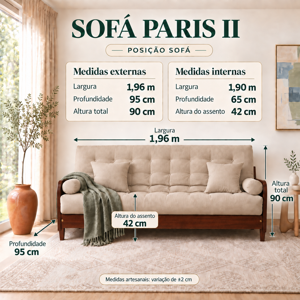 Sofá Cama Casal Futon Paris II Sarja em Madeira Maciça Imbuia - Cor Bege Claro - guia de medidas na posição sofá