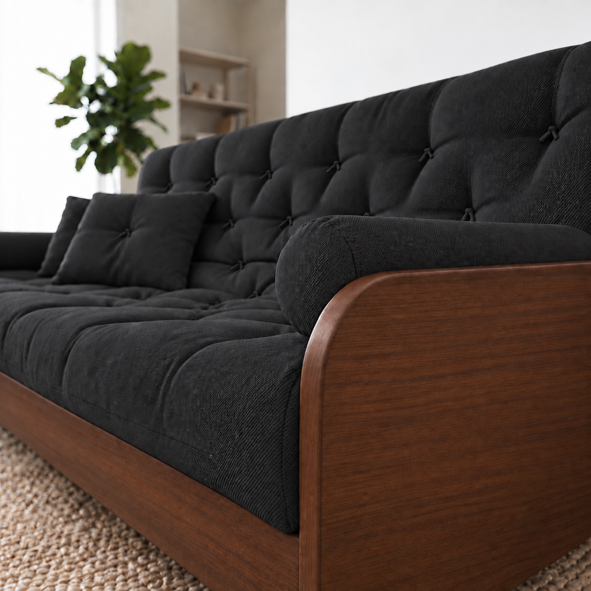 Sofá Cama Casal Futon Paris II Sarja em Madeira Maciça Imbuia - Cor Preto - detalhe do produto e da madeira