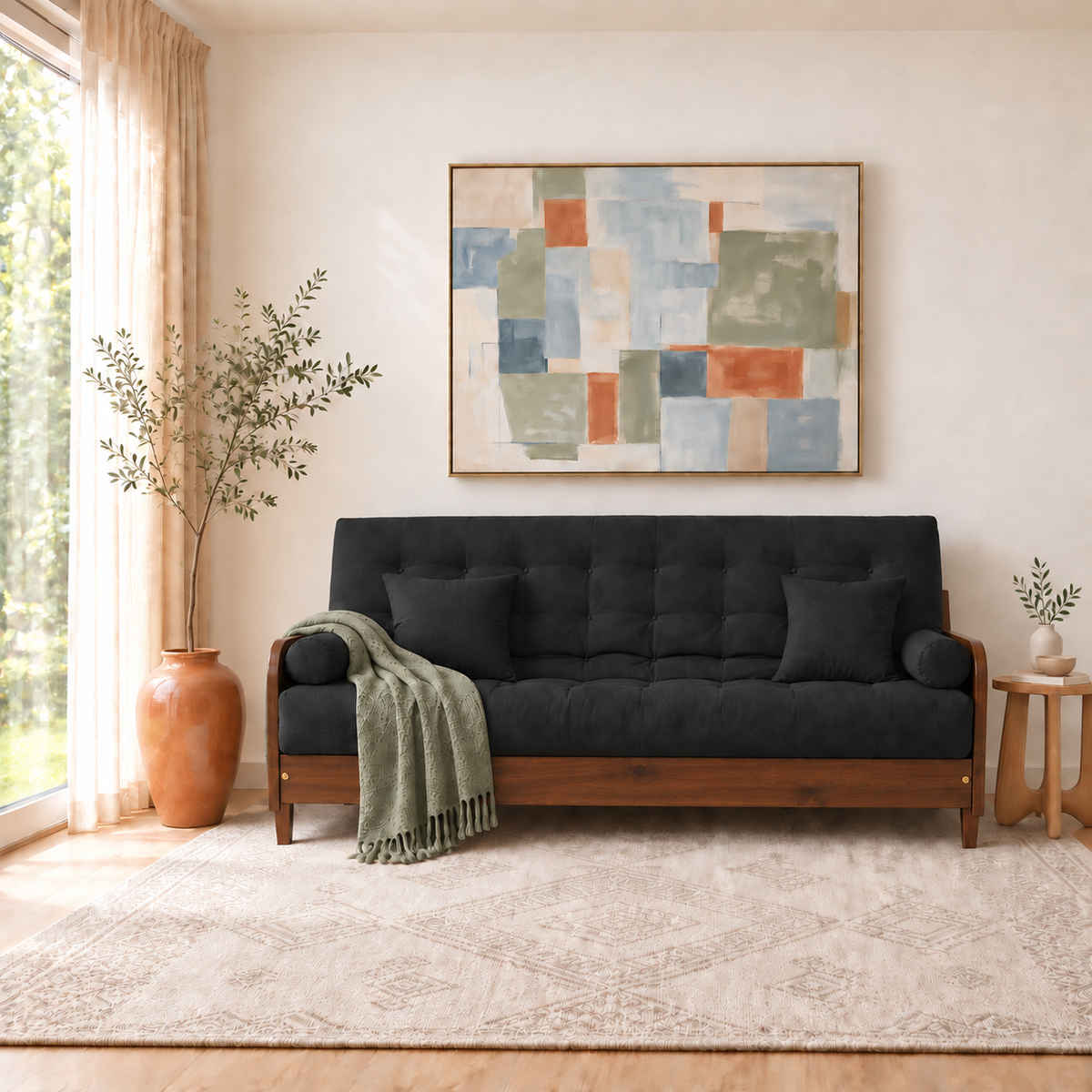 Sofá Cama Casal Futon Paris II Sarja em Madeira Maciça Imbuia - Cor Preto - sofá decorada