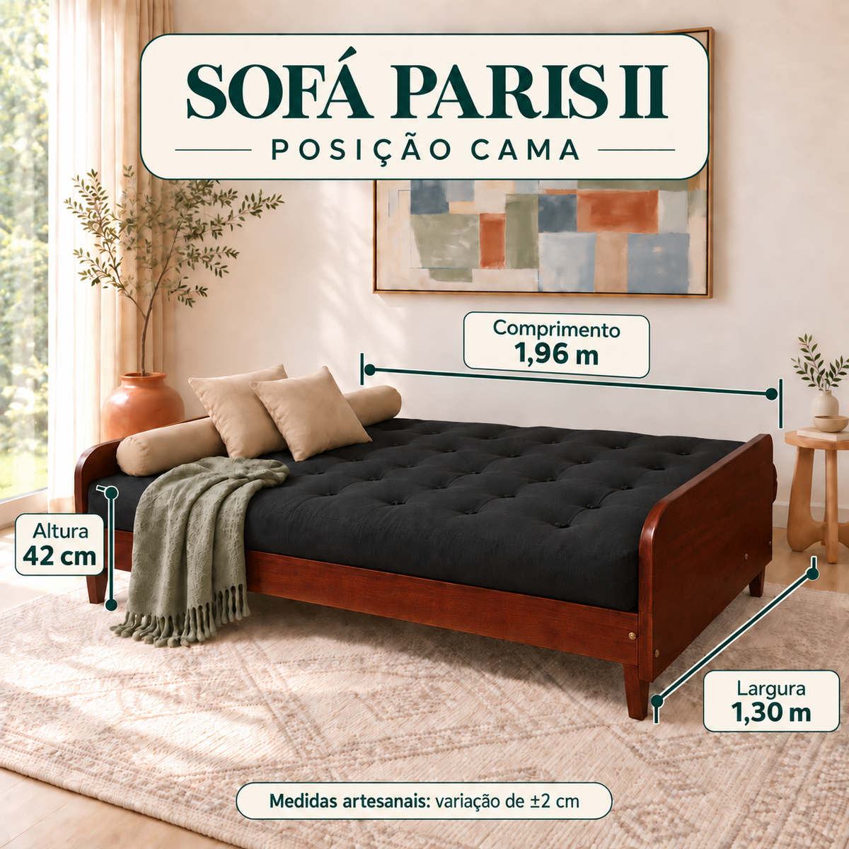 Sofá Cama Casal Futon Paris II Sarja em Madeira Maciça Imbuia - Cor Preto - guia de medidas na posição cama