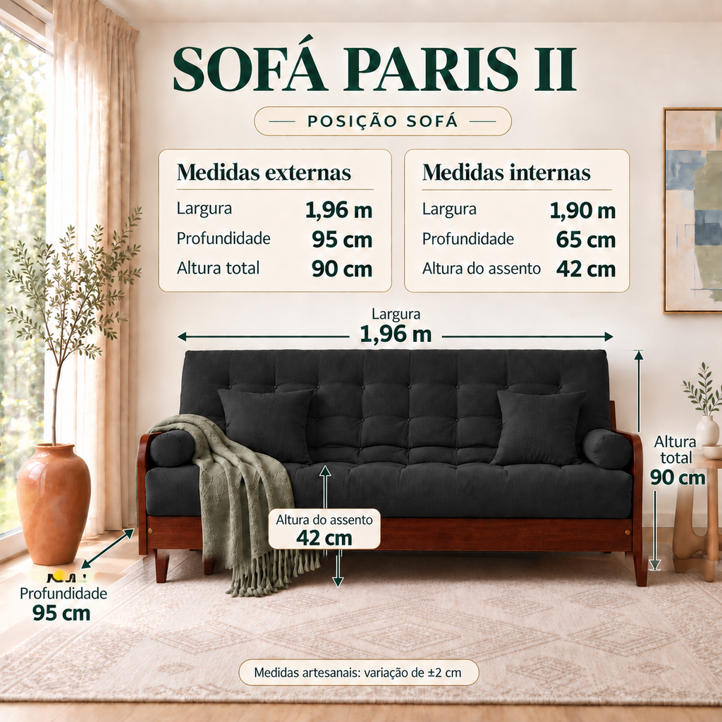 Sofá Cama Casal Futon Paris II Sarja em Madeira Maciça Imbuia - Cor Preto - guia de medidas na posição sofá