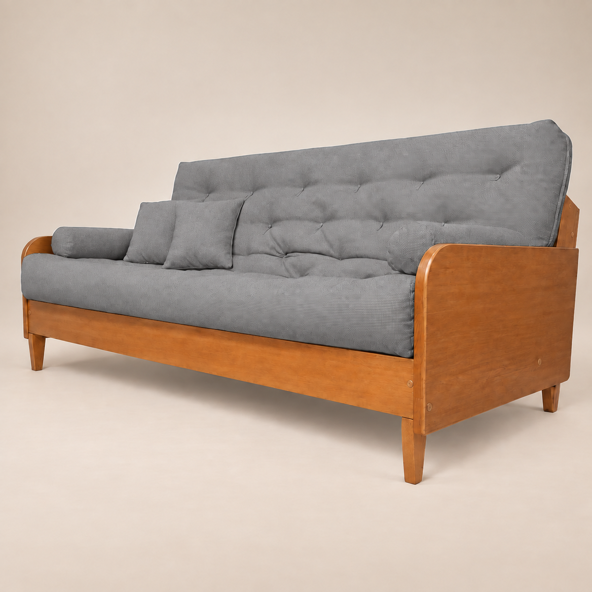Sofá Cama Casal Futon Paris II Acquablock em Madeira Maciça Mel  - Cor Cinza Linho