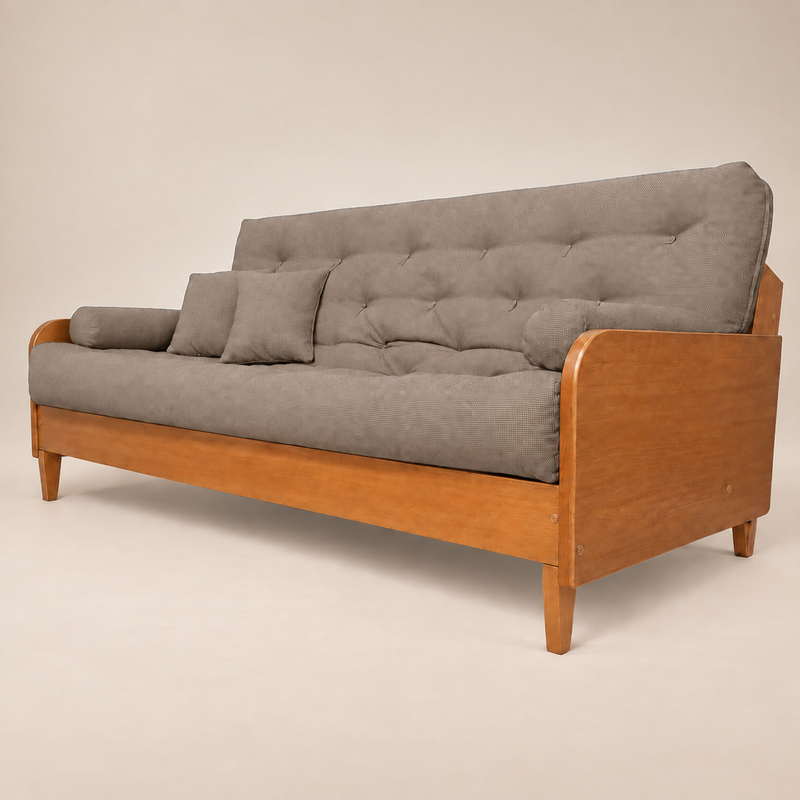 Sofá Cama Casal Futon Paris II Acquablock em Madeira Maciça Mel - Cor Fendi