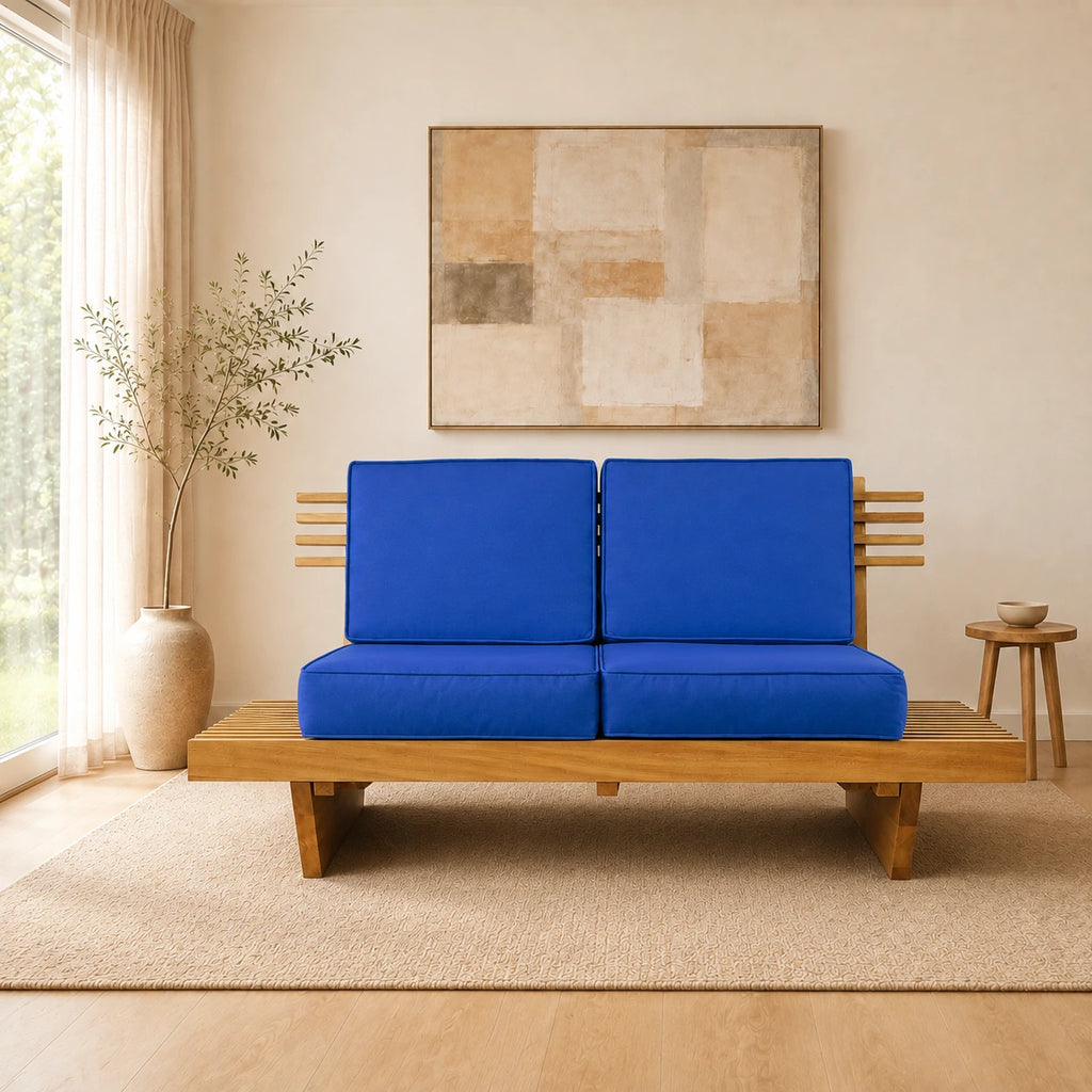 Sof� 2 Lugares Xangai Madeira Nobre Azul Royal Sala Moderna - ambientada