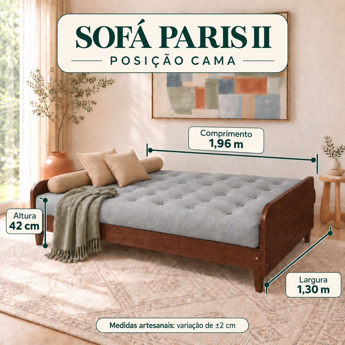 Sofá Cama Casal Futon Paris II Acquablock em Madeira Maciça Imbuia - Cor Cinza Linho - guia de medidas na posição cama