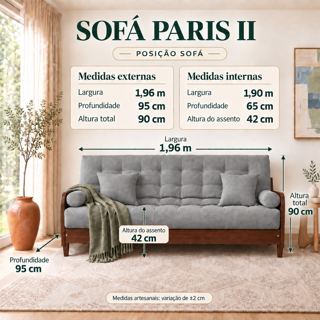 Sofá Cama Casal Futon Paris II Acquablock em Madeira Maciça Imbuia - Cor Cinza Linho - guia de medidas na posição sofá