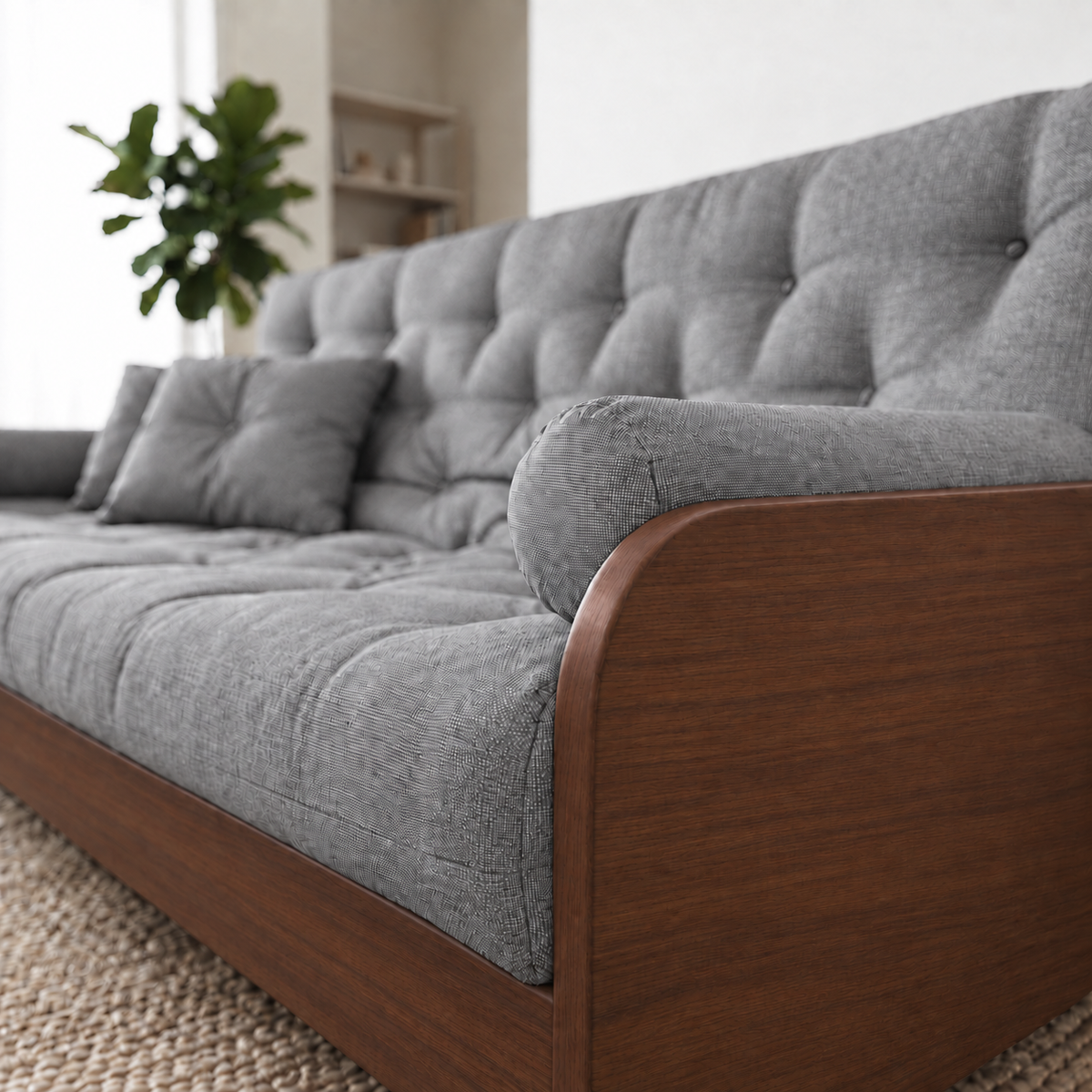 Sofá Cama Casal Futon Paris II Acquablock em Madeira Maciça Imbuia - Cor Cinza Linho - detalhe do produto e da madeira