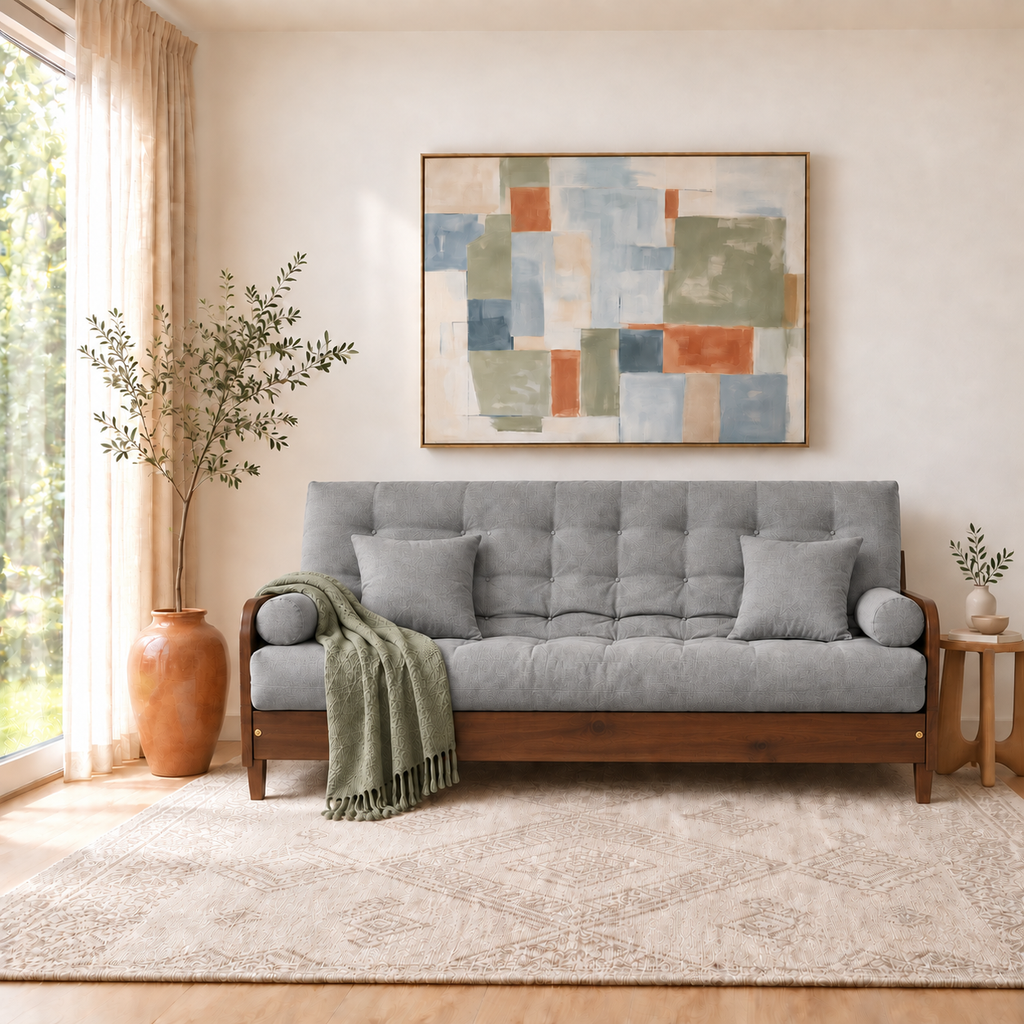 Sofá Cama Casal Futon Paris II Acquablock em Madeira Maciça Imbuia - Cor Cinza Linho - sofá decorada