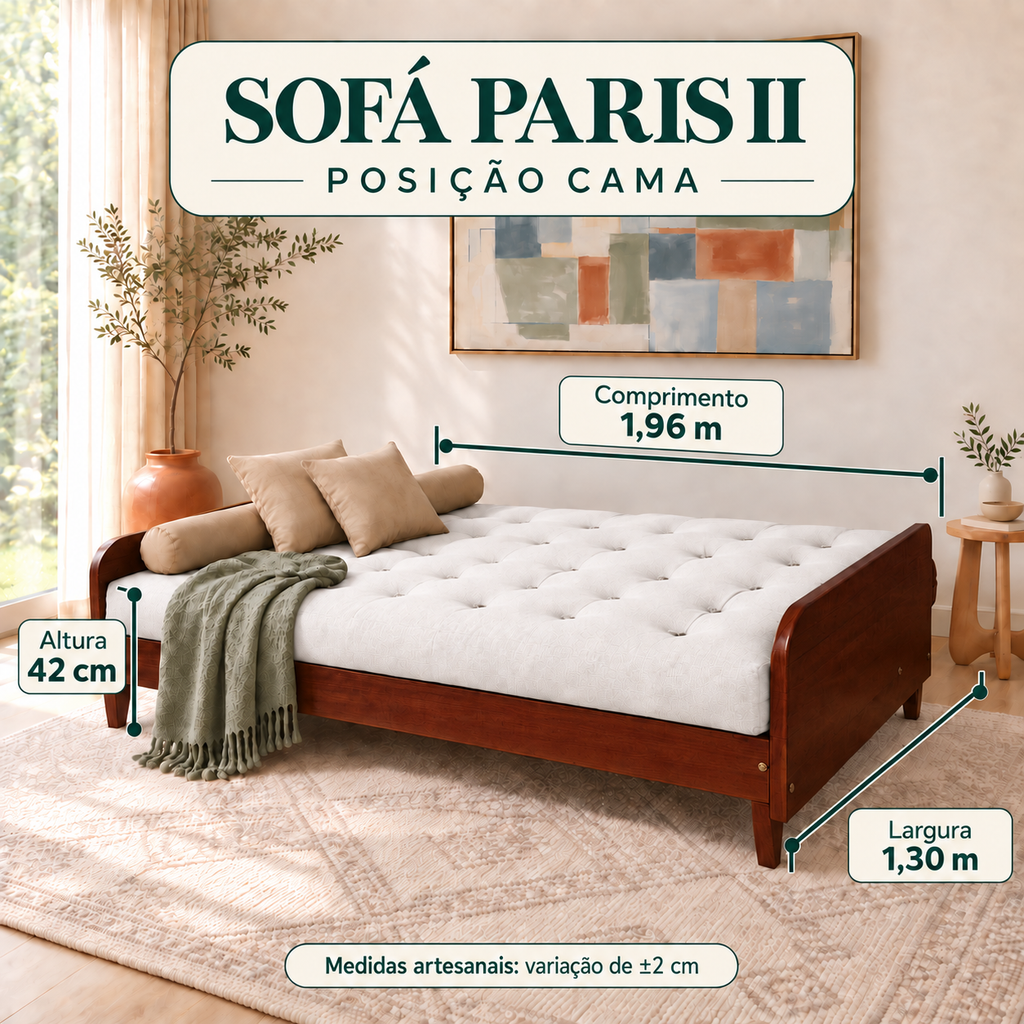 Sofá Cama Casal Futon Paris II Acquablock em Madeira Maciça Imbuia - Cor Branco Off - guia de medidas na posição cama