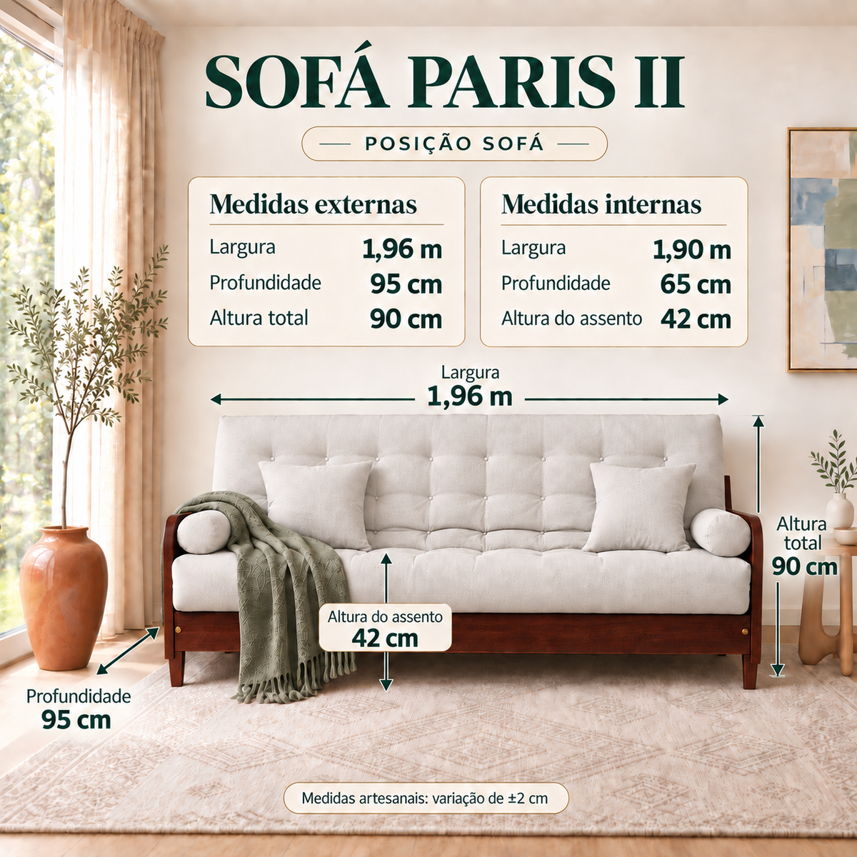 Sofá Cama Casal Futon Paris II Acquablock em Madeira Maciça Imbuia - Cor Branco Off - guia de medidas na posição sofá