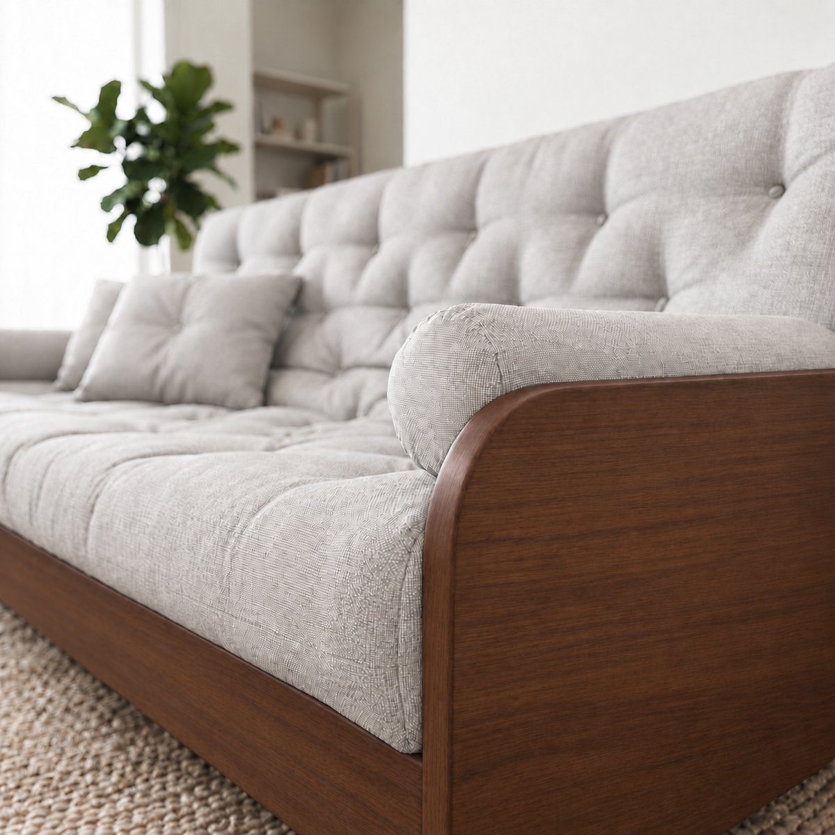 Sofá Cama Casal Futon Paris II Acquablock em Madeira Maciça Imbuia - Cor Branco Off - detalhe do produto e da madeira