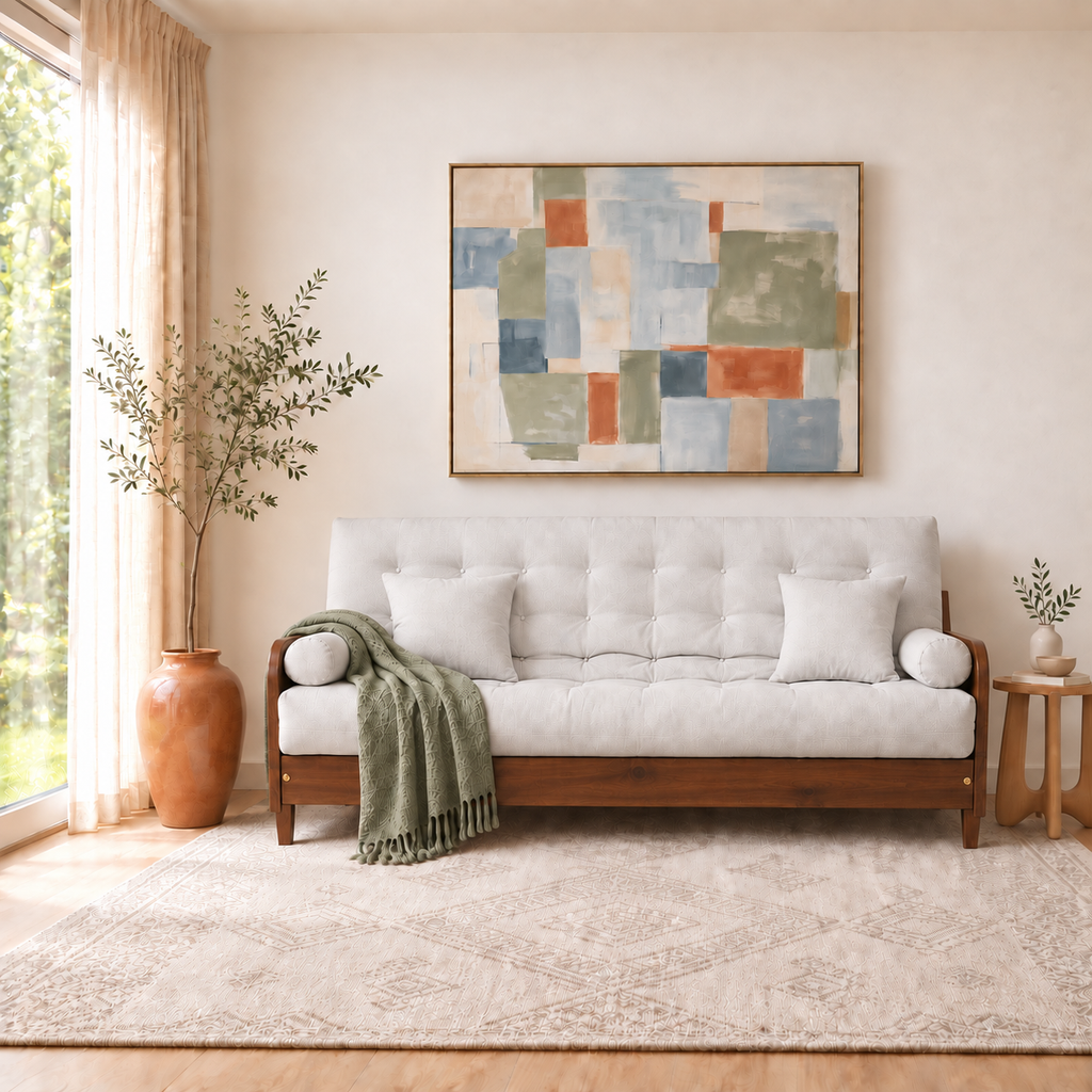 Sofá Cama Casal Futon Paris II Acquablock em Madeira Maciça Imbuia - Cor Branco Off - sofá decorada