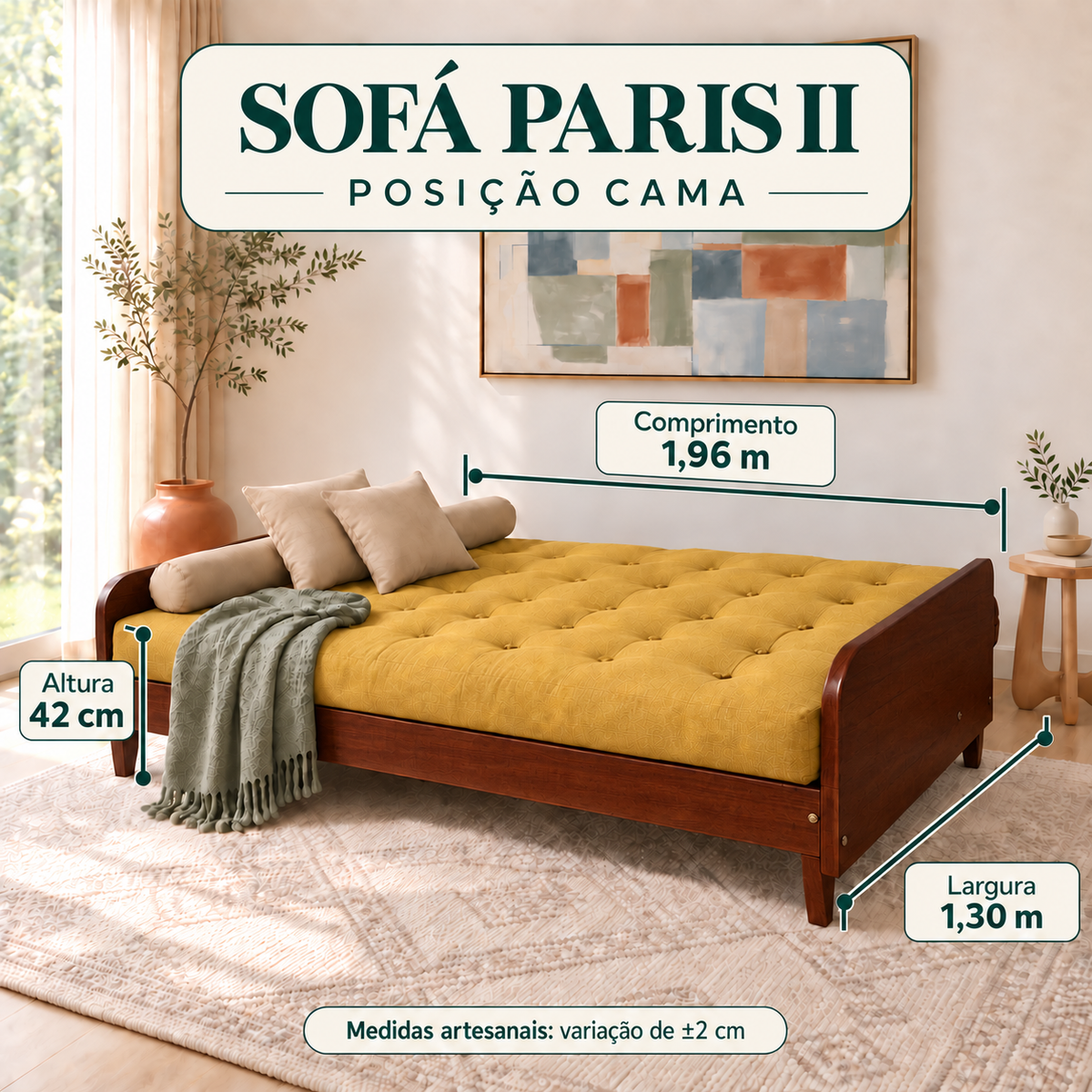 Sofá Cama Casal Futon Paris II Madeira Maciça Imbuia - Tecido Acquablock Cor Amarelo - guia de medidas na posição cama