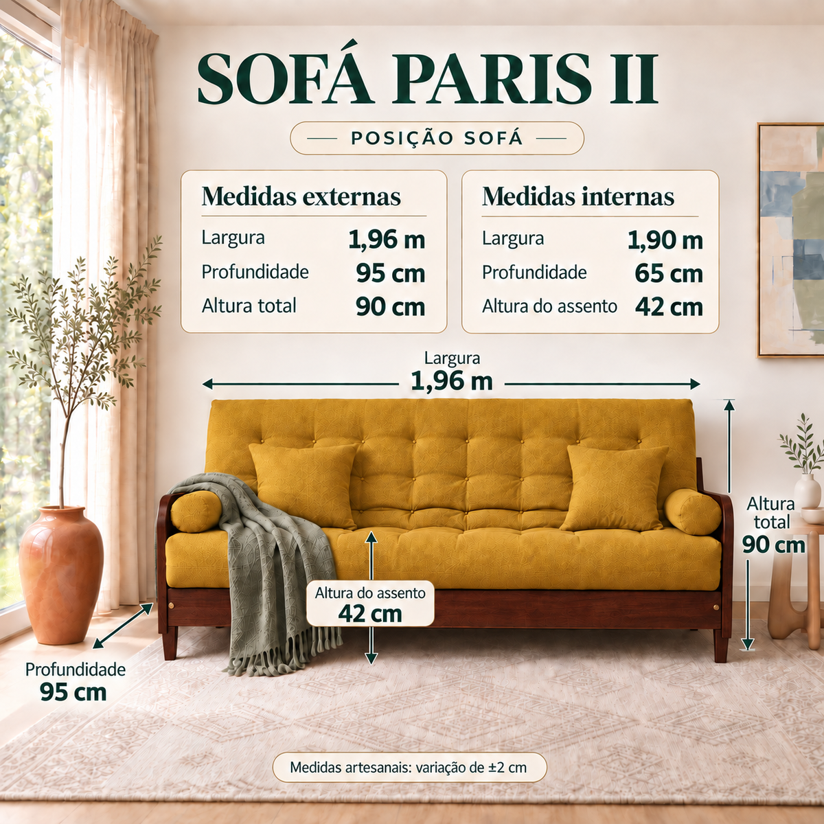 Sofá Cama Casal Futon Paris II Madeira Maciça Imbuia - Tecido Acquablock Cor Amarelo - guia de medidas na posição sofá
