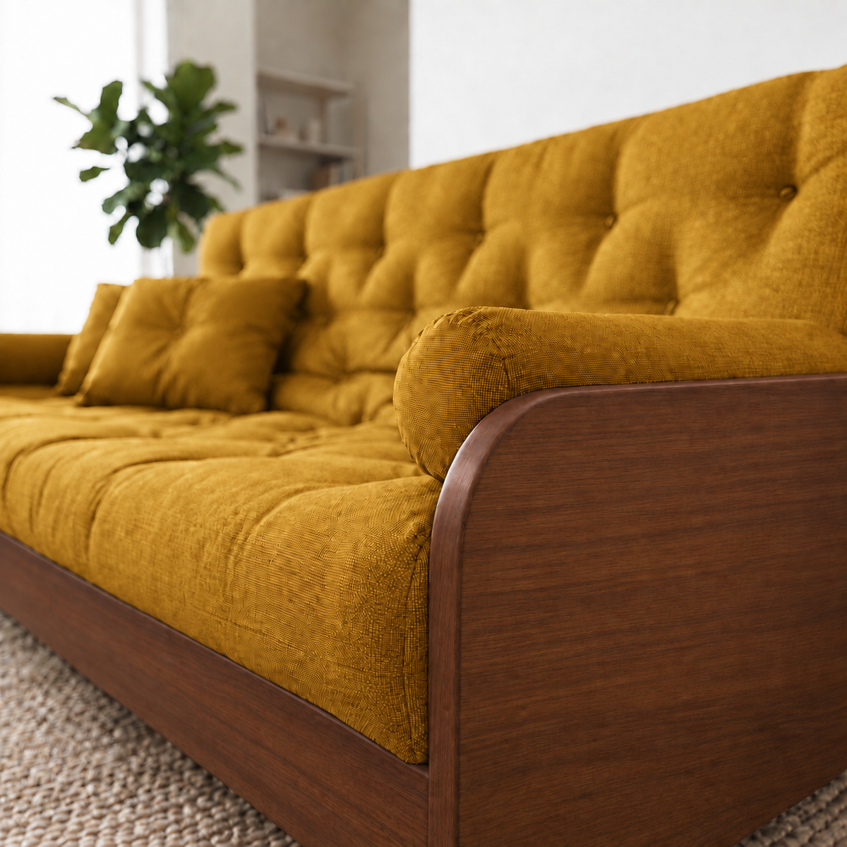 Sofá Cama Casal Futon Paris II Madeira Maciça Imbuia - Tecido Acquablock Cor Amarelo - detalhe do produto e da madeira