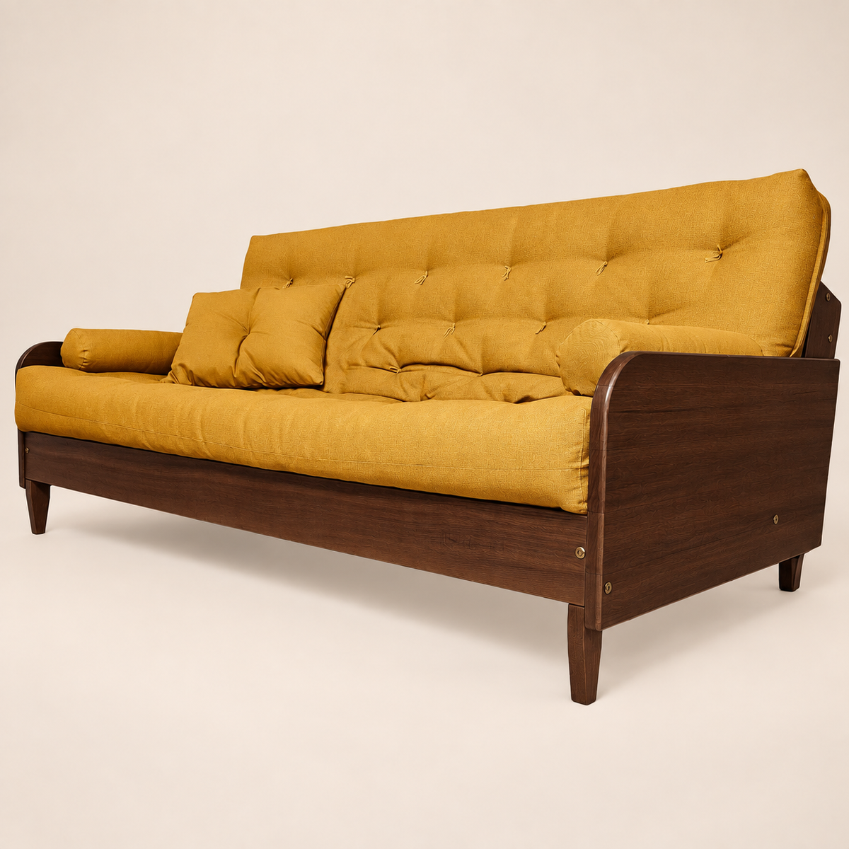 Sofá Cama Casal Futon Paris II Madeira Maciça Imbuia - Tecido Acquablock Cor Amarelo