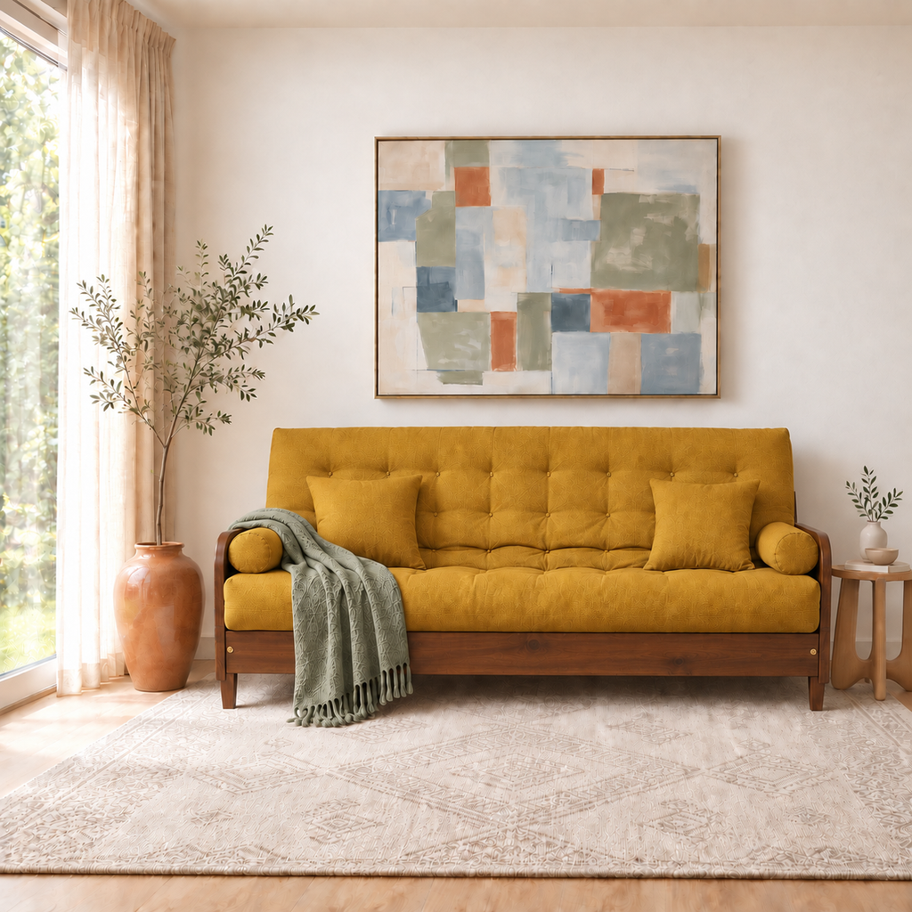 Sofá Cama Casal Futon Paris II Madeira Maciça Imbuia - Tecido Acquablock Cor Amarelo - sofá decorada