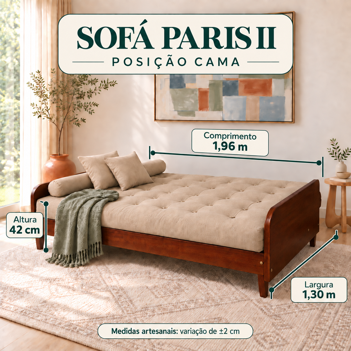 Sofá Cama Casal Futon Paris II Acquablock em Madeira Maciça Imbuia - Cor Fendi - guia de medidas na posição cama
