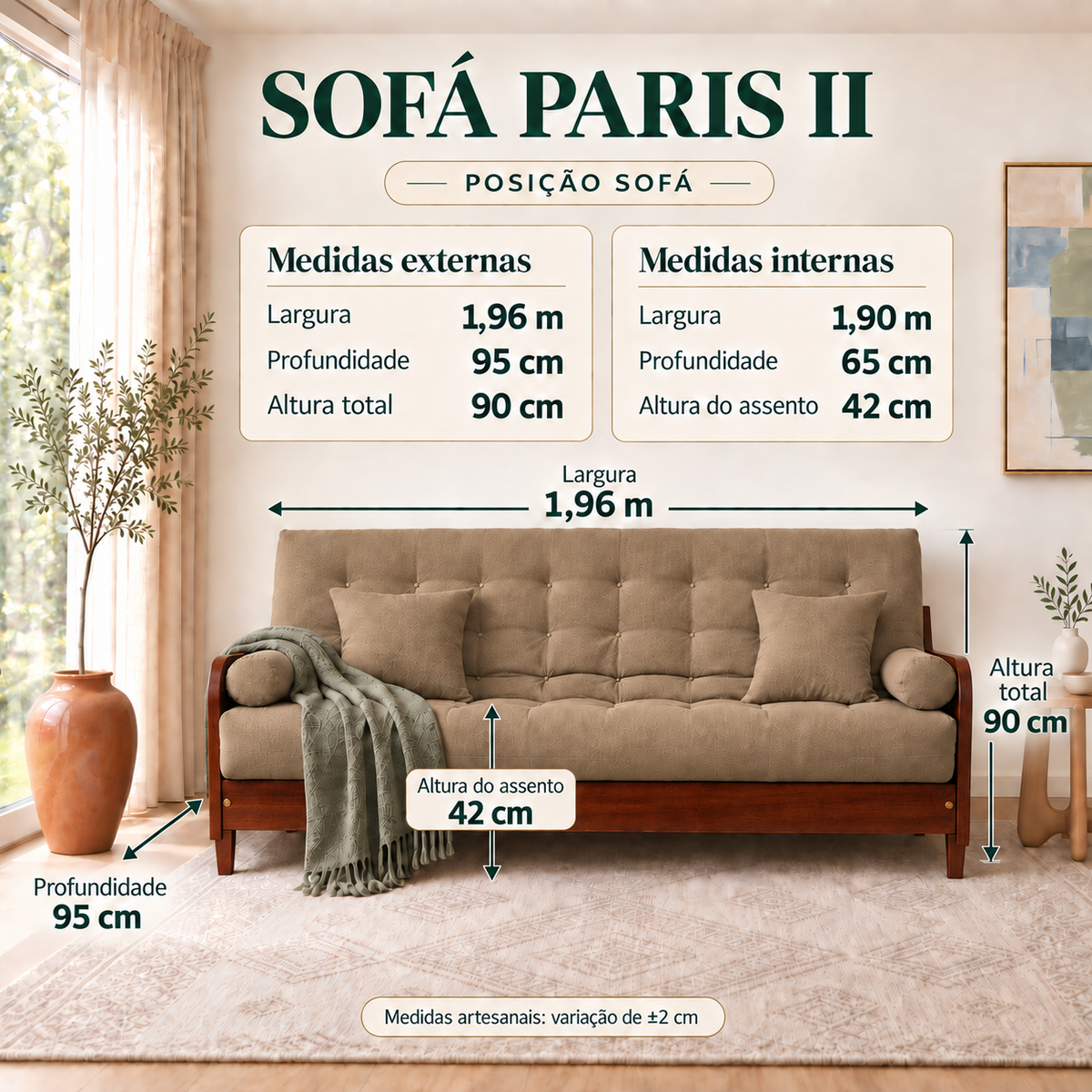 Sofá Cama Casal Futon Paris II Acquablock em Madeira Maciça Imbuia - Cor Fendi - guia de medidas na posição sofá