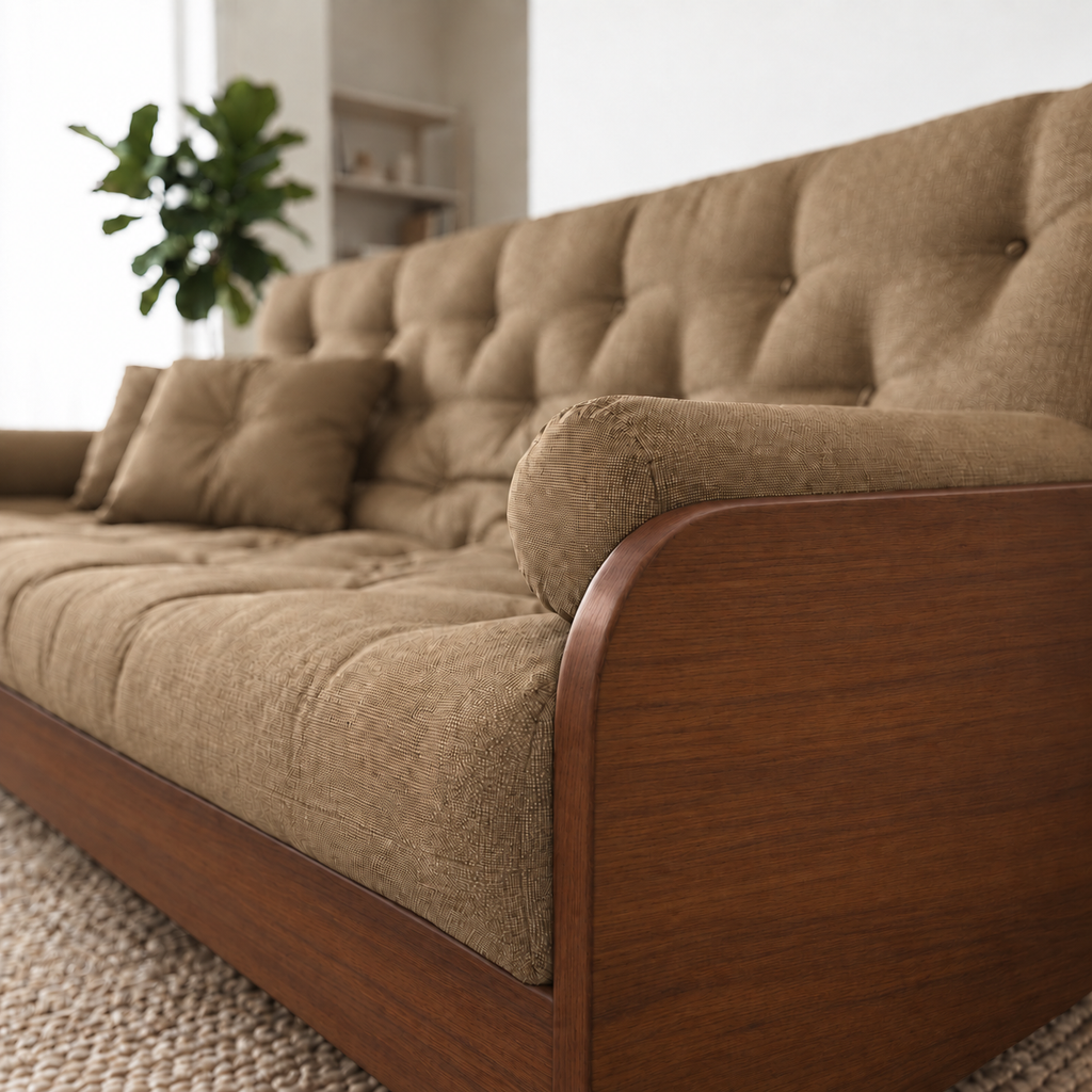 Sofá Cama Casal Futon Paris II Acquablock em Madeira Maciça Imbuia - Cor Fendi - detalhe do produto e da madeira