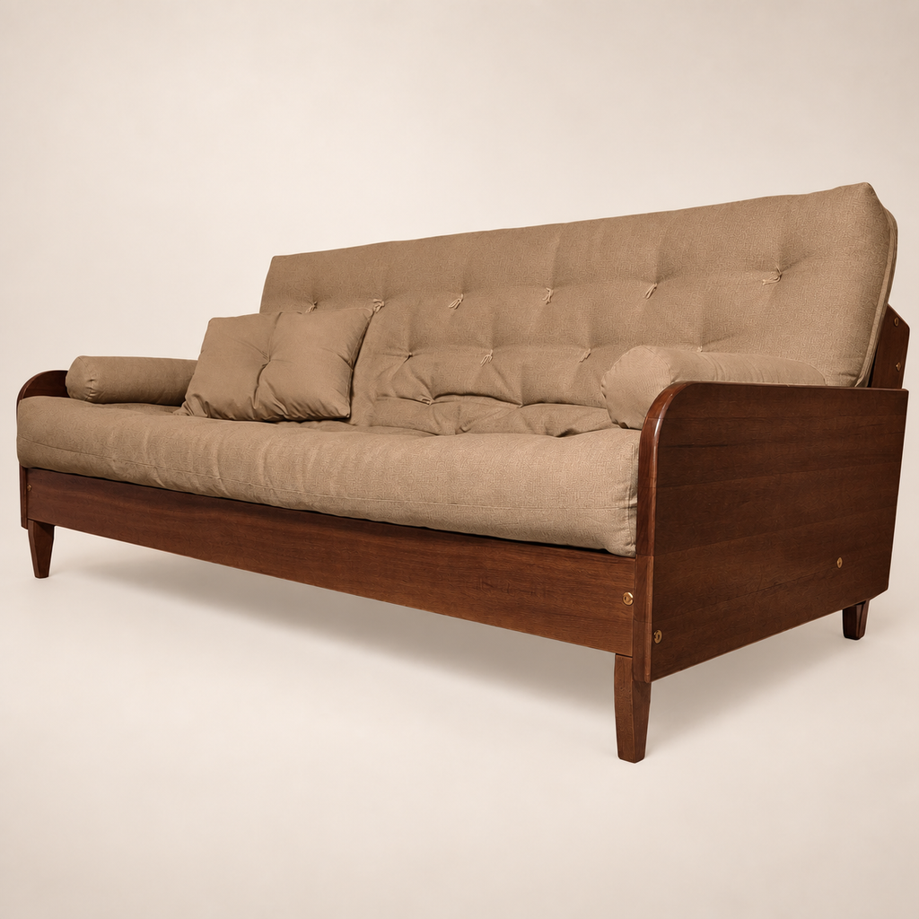 Sofá Cama Casal Futon Paris II Acquablock em Madeira Maciça Imbuia - Cor Fendi