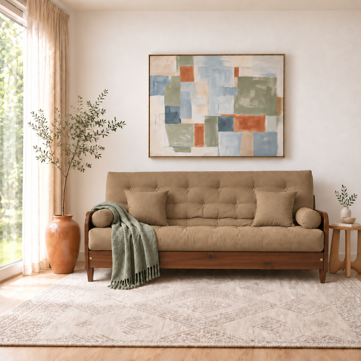 Sofá Cama Casal Futon Paris II Acquablock em Madeira Maciça Imbuia - Cor Fendi - sofá decorada