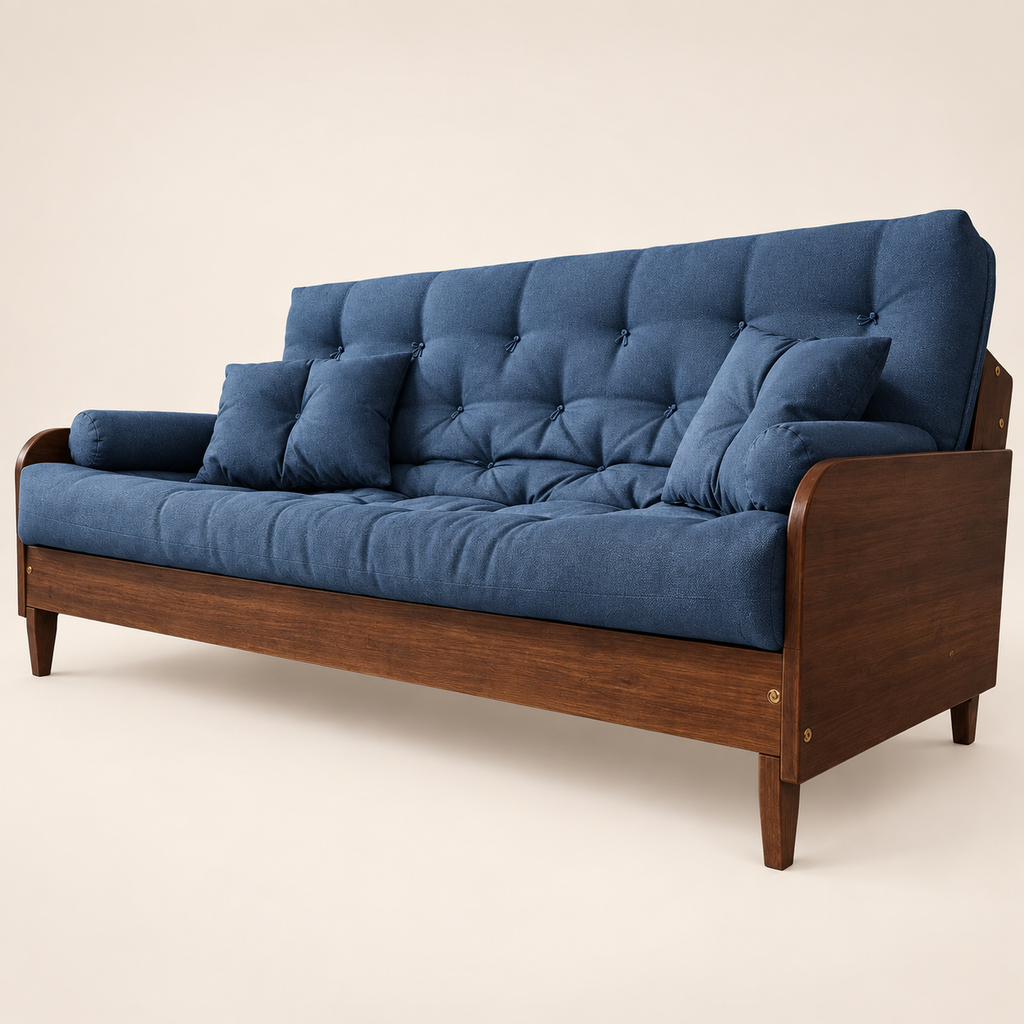 Sofá Cama Casal Futon Paris II Acquablock em Madeira Maciça Imbuia - Cor Azul Royal