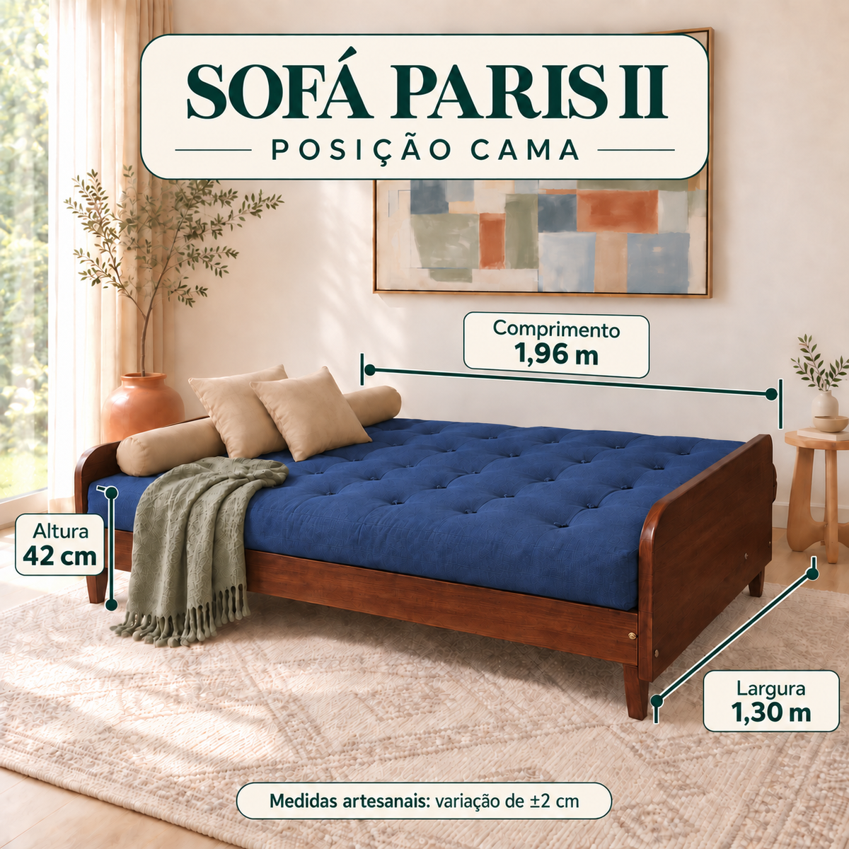 Sofá Cama Casal Futon Paris II Acquablock em Madeira Maciça Imbuia - Cor Azul Royal - guia de medidas na posição cama