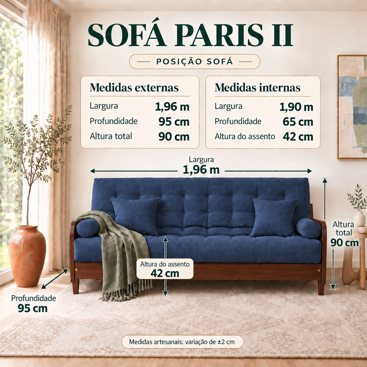Sofá Cama Casal Futon Paris II Acquablock em Madeira Maciça Imbuia - Cor Azul Royal - guia de medidas na posição sofá