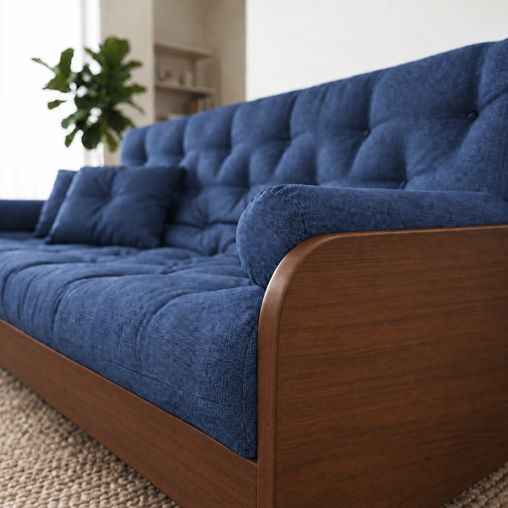 Sofá Cama Casal Futon Paris II Acquablock em Madeira Maciça Imbuia - Cor Azul Royal - detalhe do produto e da madeira
