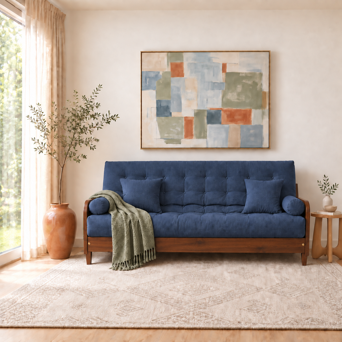 Sofá Cama Casal Futon Paris II Acquablock em Madeira Maciça Imbuia - Cor Azul Royal - sofá decorada
