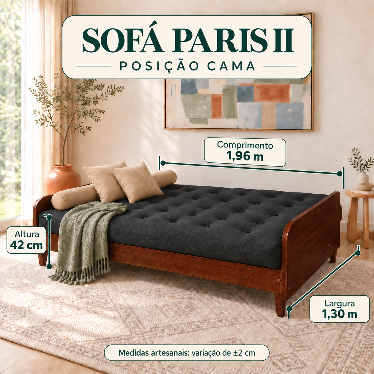 Sofá Cama Casal Futon Paris II Acquablock em Madeira Maciça Imbuia - Cor Preto - guia de medidas na posição cama
