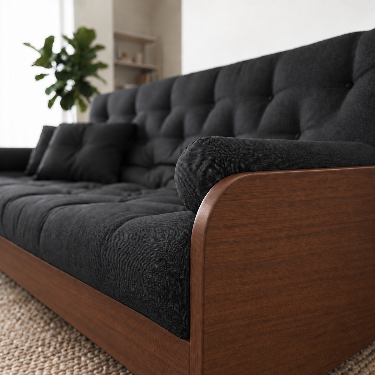 Sofá Cama Casal Futon Paris II Acquablock em Madeira Maciça Imbuia - Cor Preto - detalhe do produto e da madeira