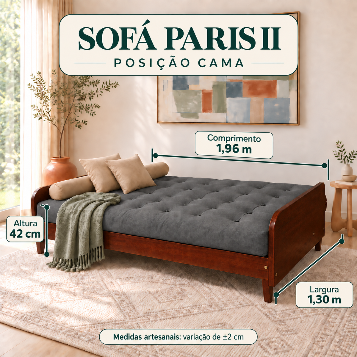 Sofá Cama Casal Futon Paris II Acquablock em Madeira Maciça Imbuia - Cor Chumbo - guia de medidas na posição cama