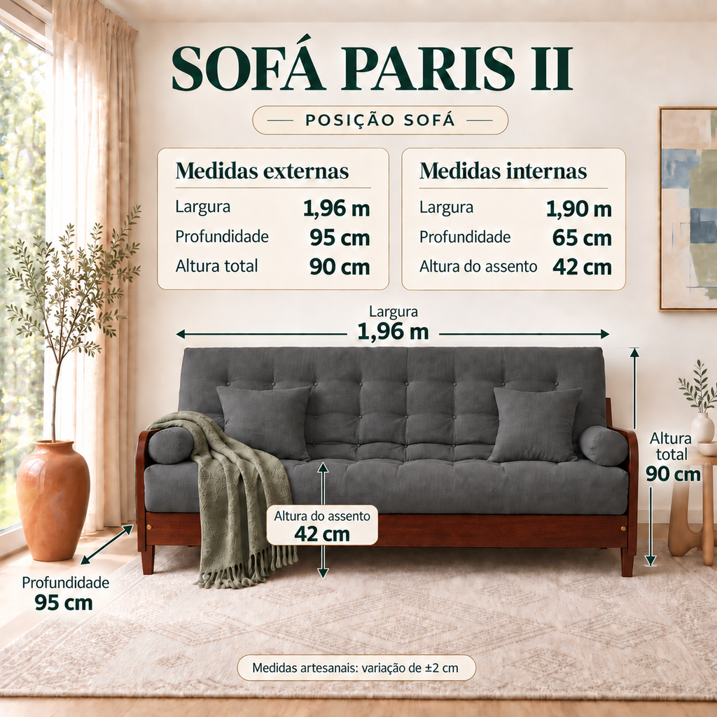 Sofá Cama Casal Futon Paris II Acquablock em Madeira Maciça Imbuia - Cor Chumbo - guia de medidas na posição sofá
