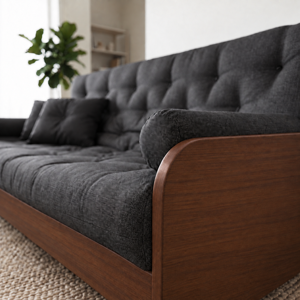 Sofá Cama Casal Futon Paris II Acquablock em Madeira Maciça Imbuia - Cor Chumbo - detalhe do produto e da madeira