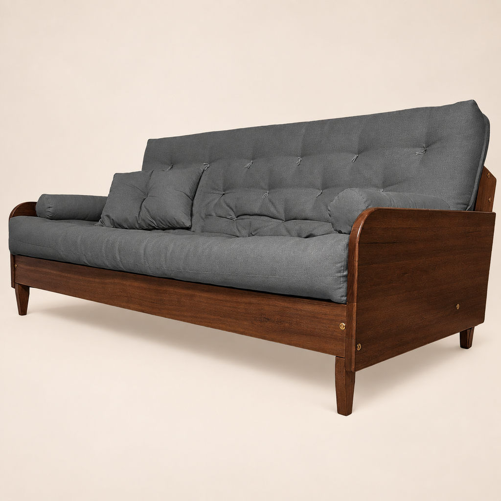 Sofá Cama Casal Futon Paris II Acquablock em Madeira Maciça Imbuia - Cor Chumbo