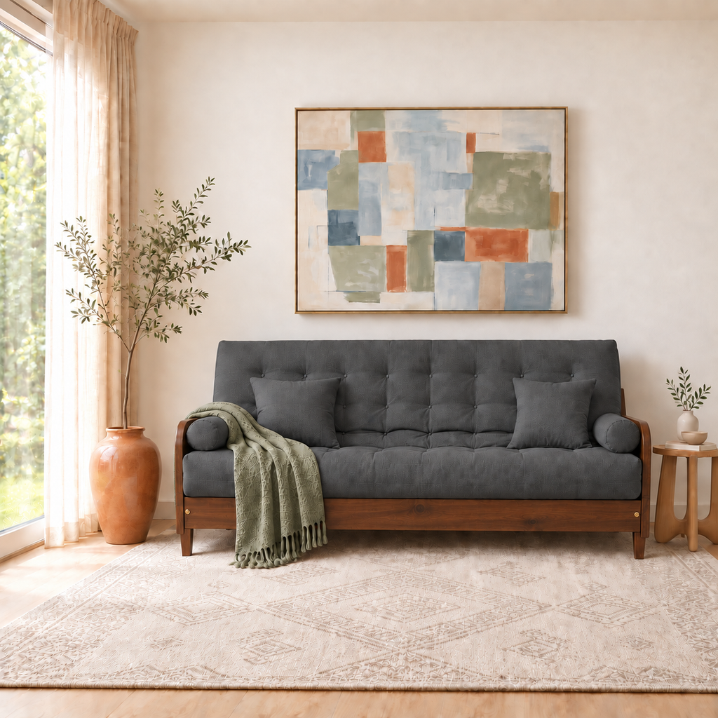 Sofá Cama Casal Futon Paris II Acquablock em Madeira Maciça Imbuia - Cor Chumbo - sofá decorada