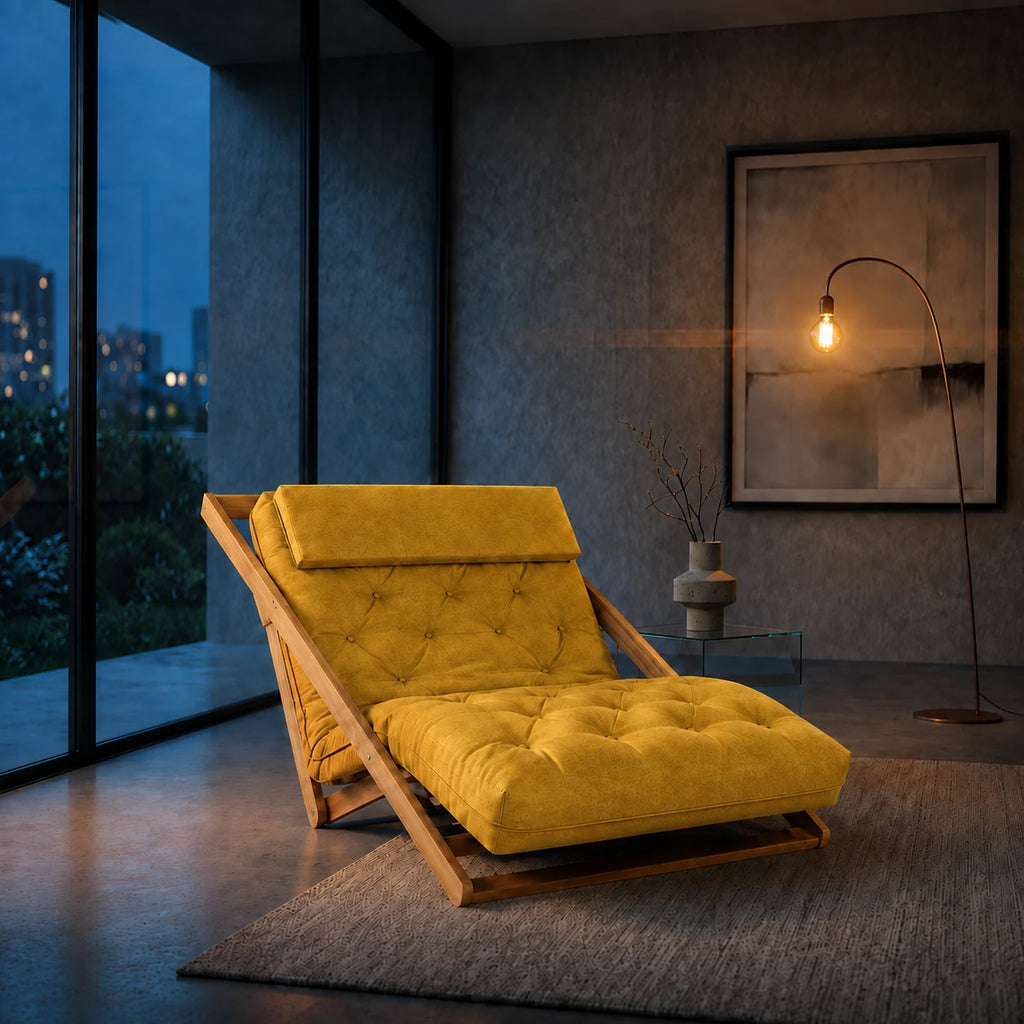 Poltrona New York Reclin�vel Casal Futon Acquablock Amarelo - ambientada_noturna_r3