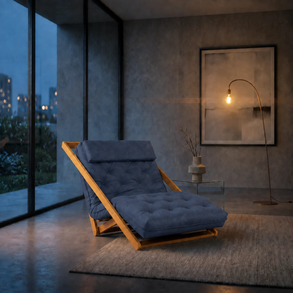 Poltrona New York Reclin�vel Casal Futon Acquablock Azul Royal - ambientada_noturna_r3