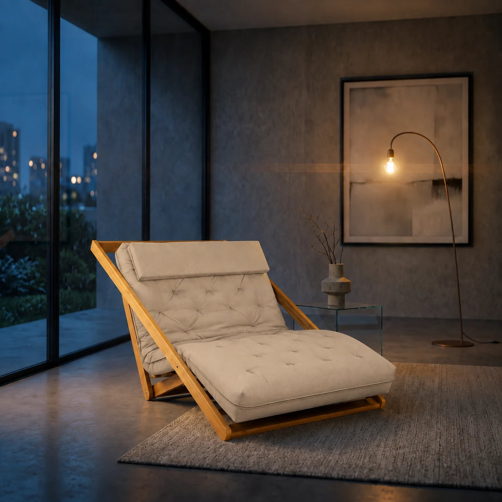Poltrona New York Reclin�vel Casal Futon Sarja Bege Sala de Estar - ambientada_noturna_r3