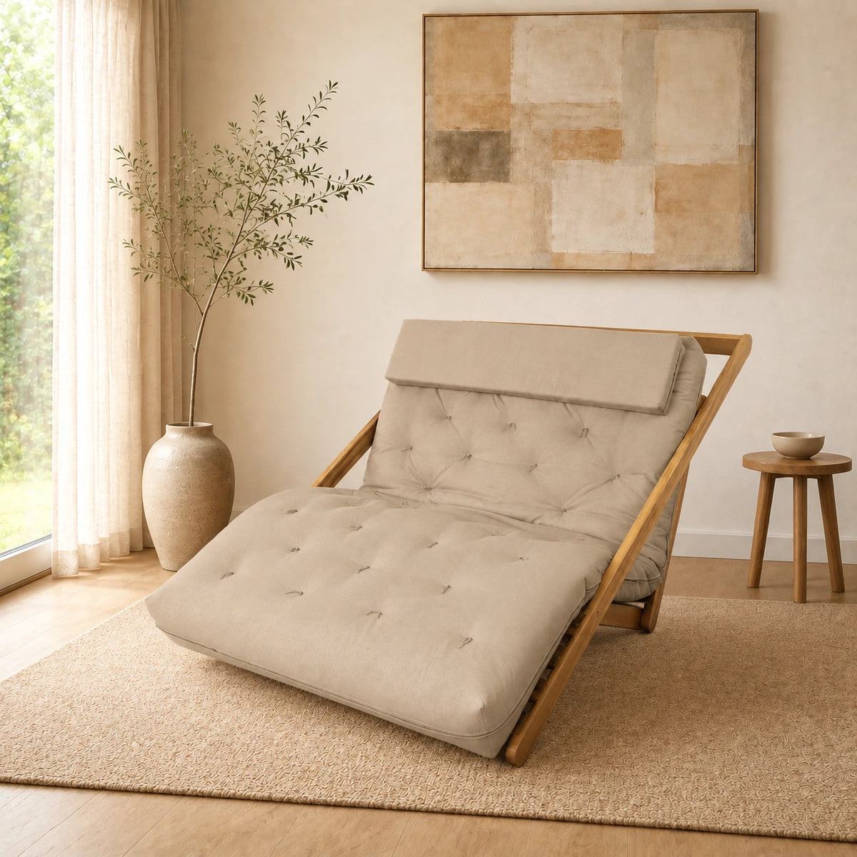 Poltrona New York Reclin�vel Casal Futon Sarja Bege Sala de Estar - ambientada