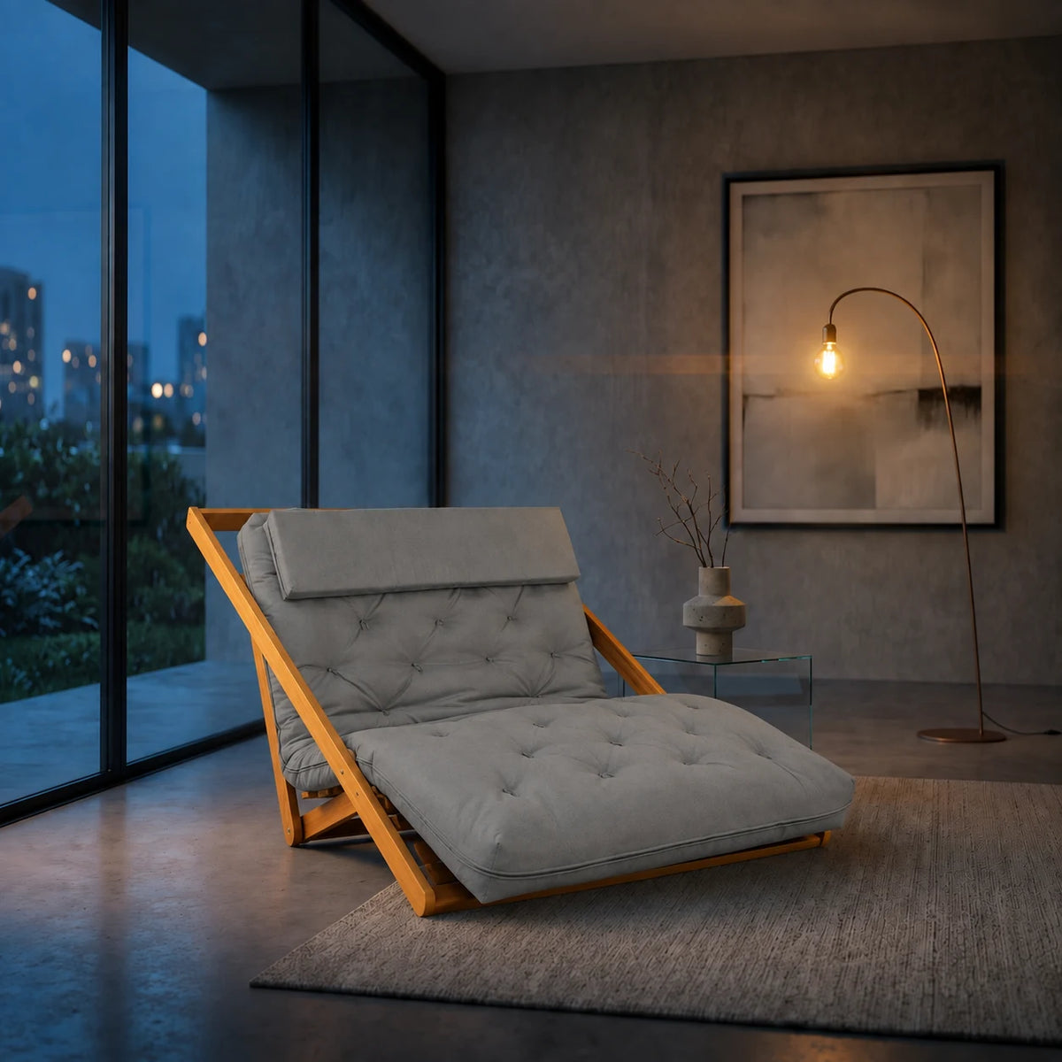 Poltrona New York Reclin�vel Casal Futon Sarja cinza Sala de Estar - ambientada_noturna_r3