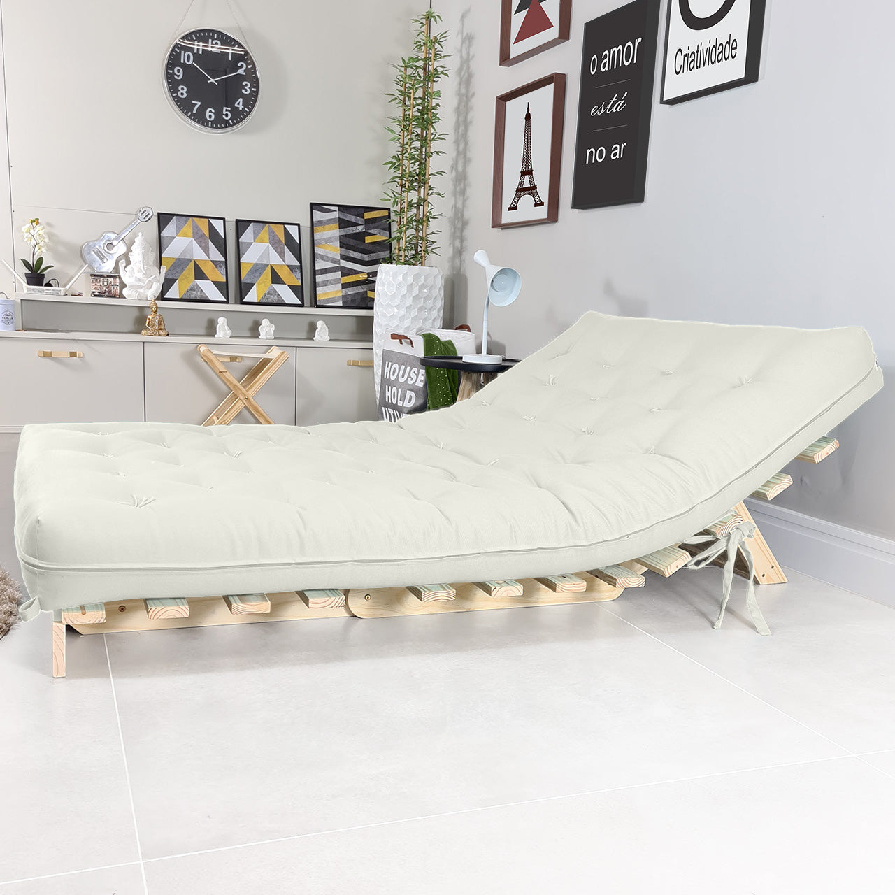 Sofá Cama Casal Futon Tokio Madeira Maciça Acquablock Branco Off