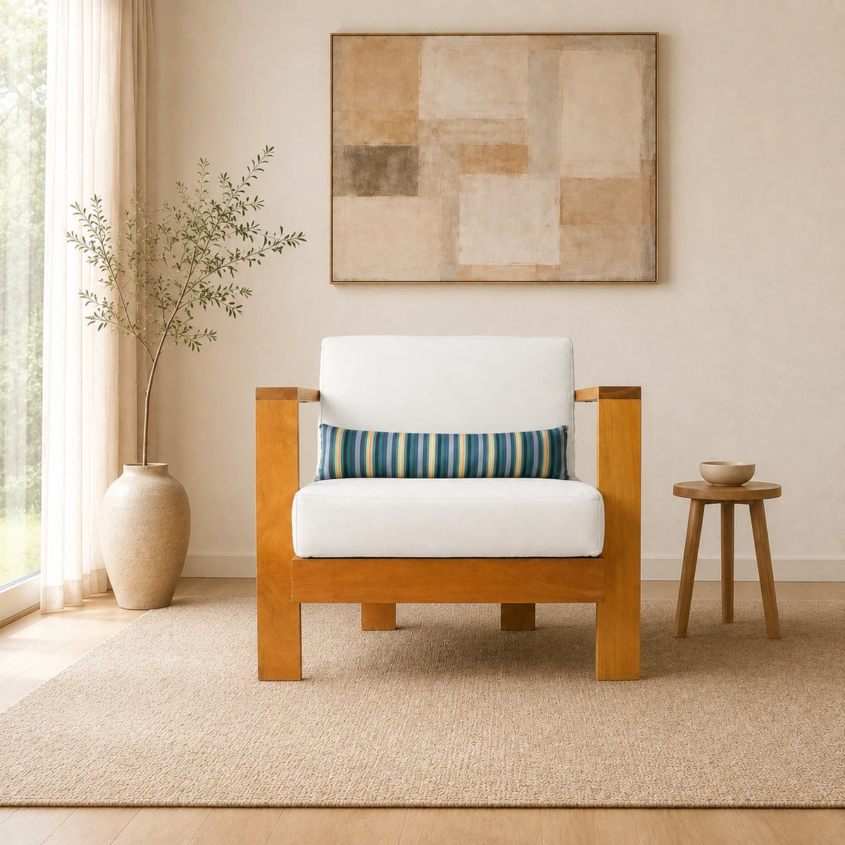 Poltrona Bahamas Tecido Imperme�vel Acquablock Branco Off em Madeira Nobre - ambientada