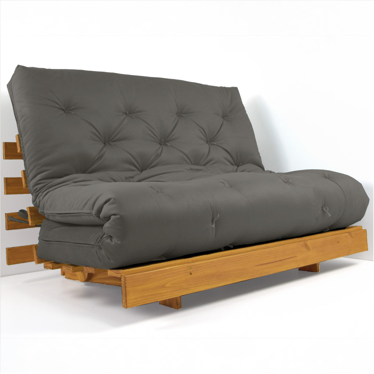 Sofá Cama Casal Futon Tokio Madeira Cor Mel Sarja Cinza