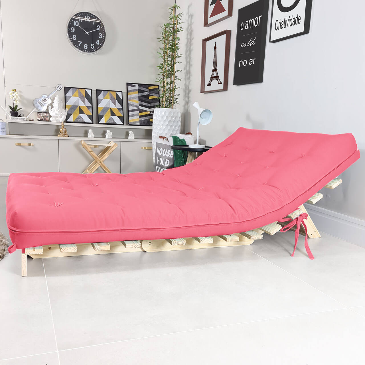Sofa Cama Casal Futon Oriental Madeira Maciça Sarja Goiaba