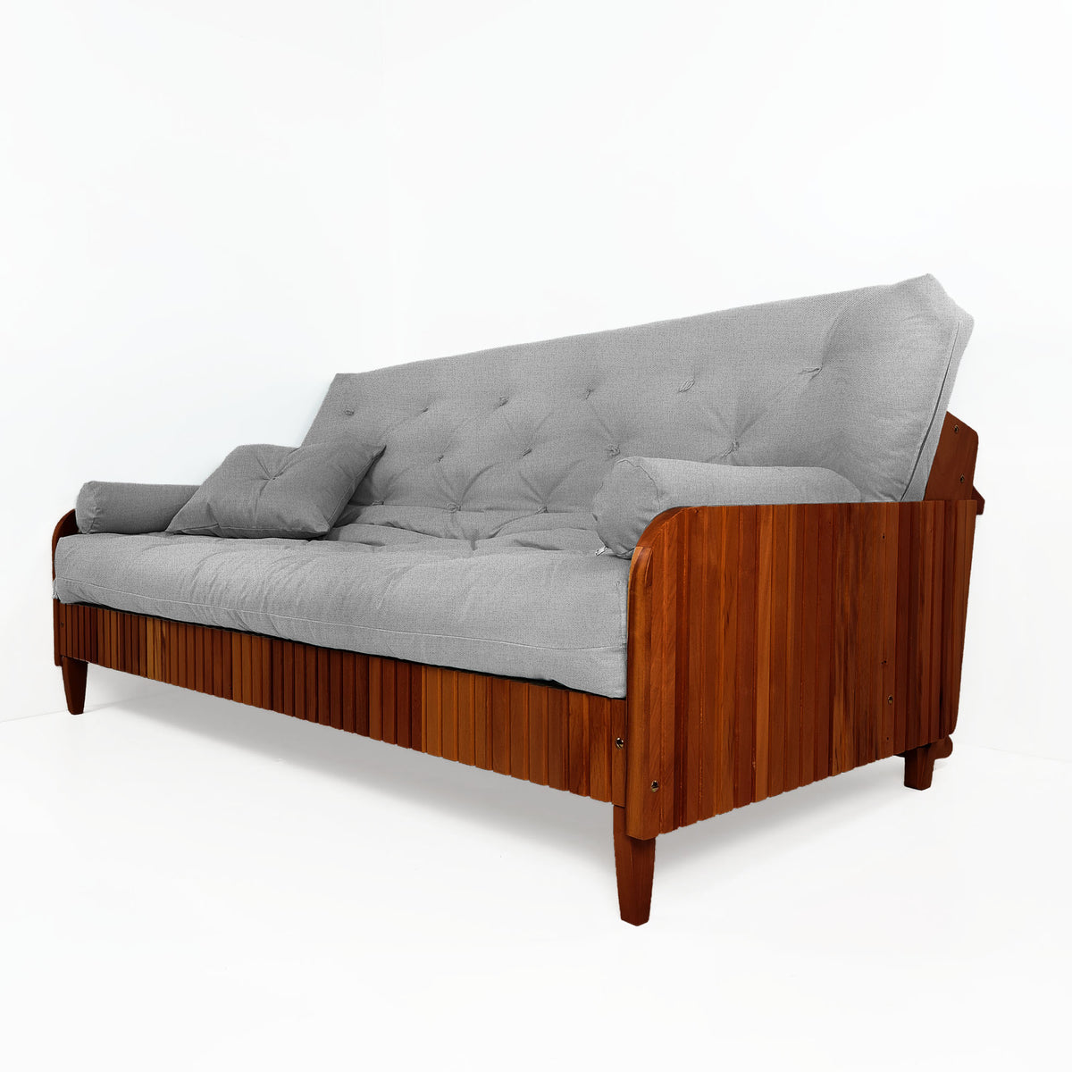 Sofá Cama Casal Futon Paris II Ripado Acquablock Madeira Maciça Imbuia - Cor Cinza Linho