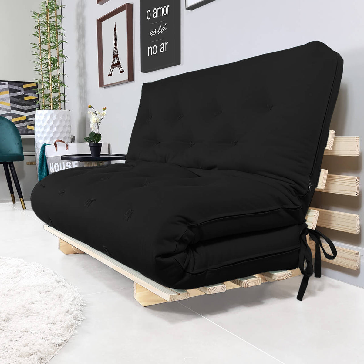 Sofa Cama Casal Futon Oriental 3 em 1 - Madeira Maciça Tecido Sarja Preto