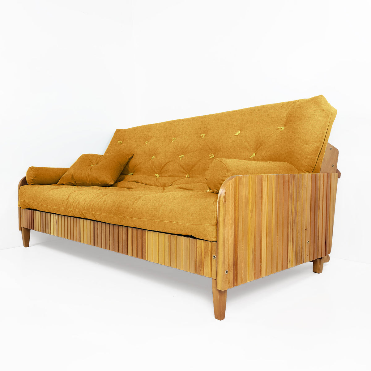 Sofá Cama Casal Futon Paris Ripado Madeira Nobre - Tecido Acquablock Cor Amarelo